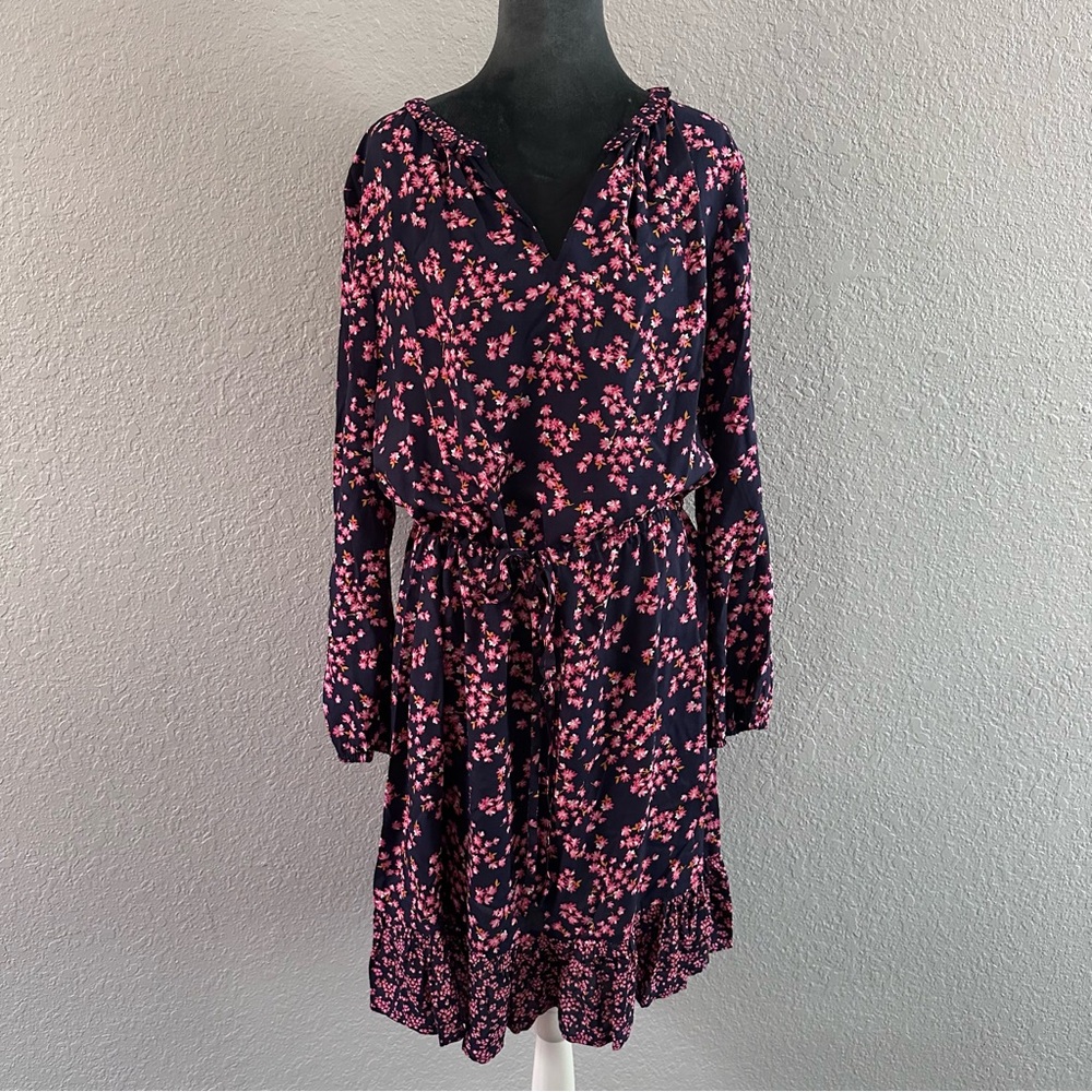 Draper James Lucinda Spring Floral Fit & Flare Dress XL Navy Pink Long Sleeve